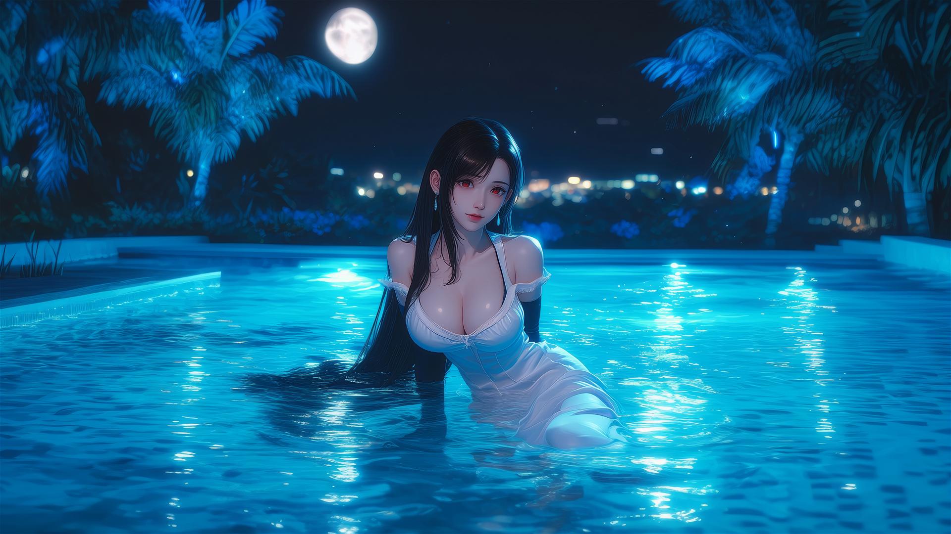 Tifa Lockhart in white silk pajamas resting by a pool under moonlight
