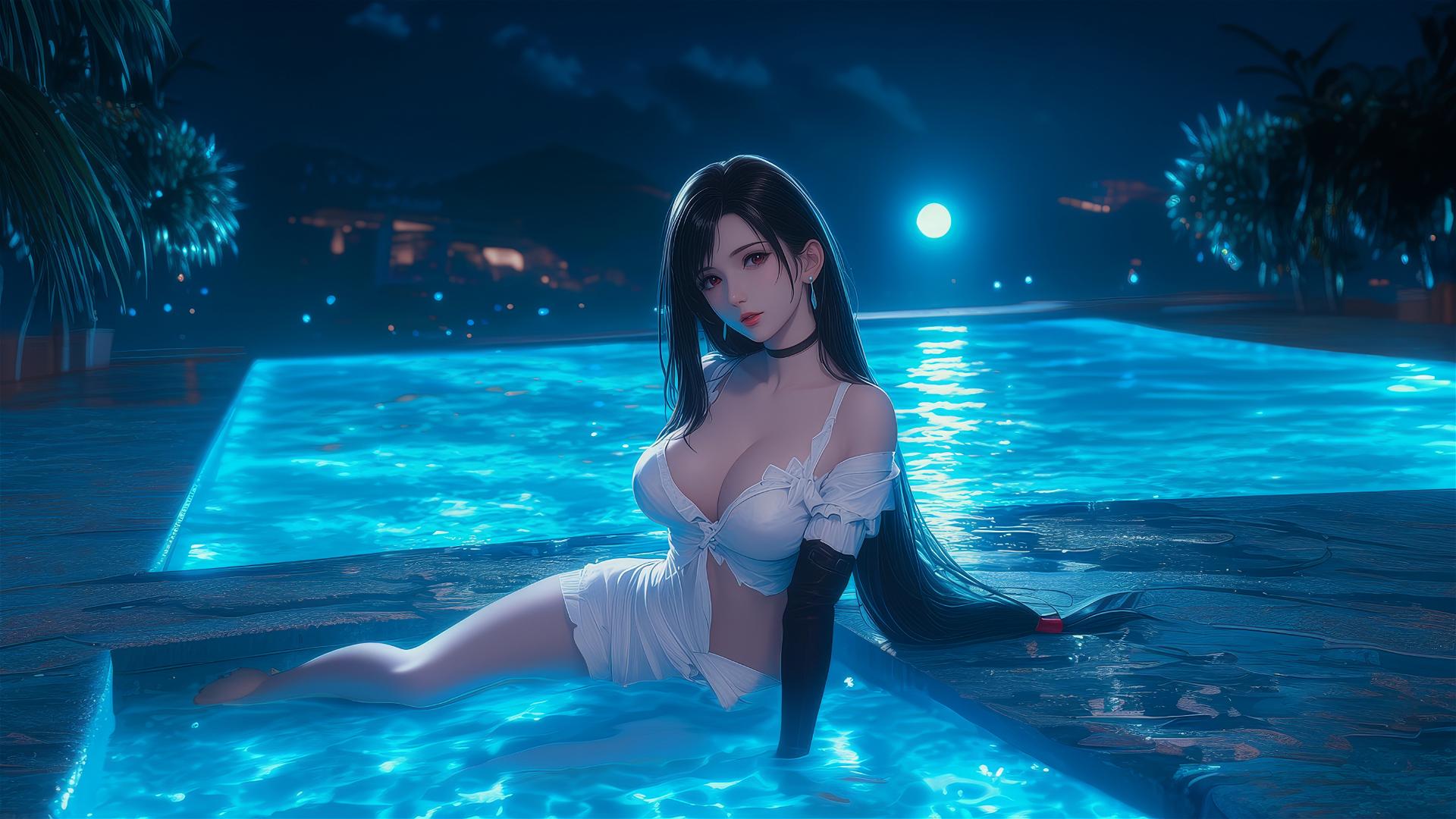 Tifa Lockhart in white silk pajamas by a pool under moonlight.