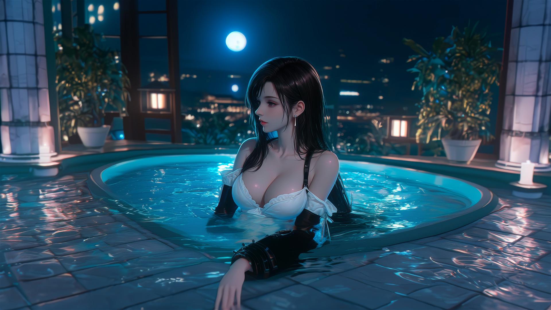 Tifa Lockhart resting in a tub under moonlight.