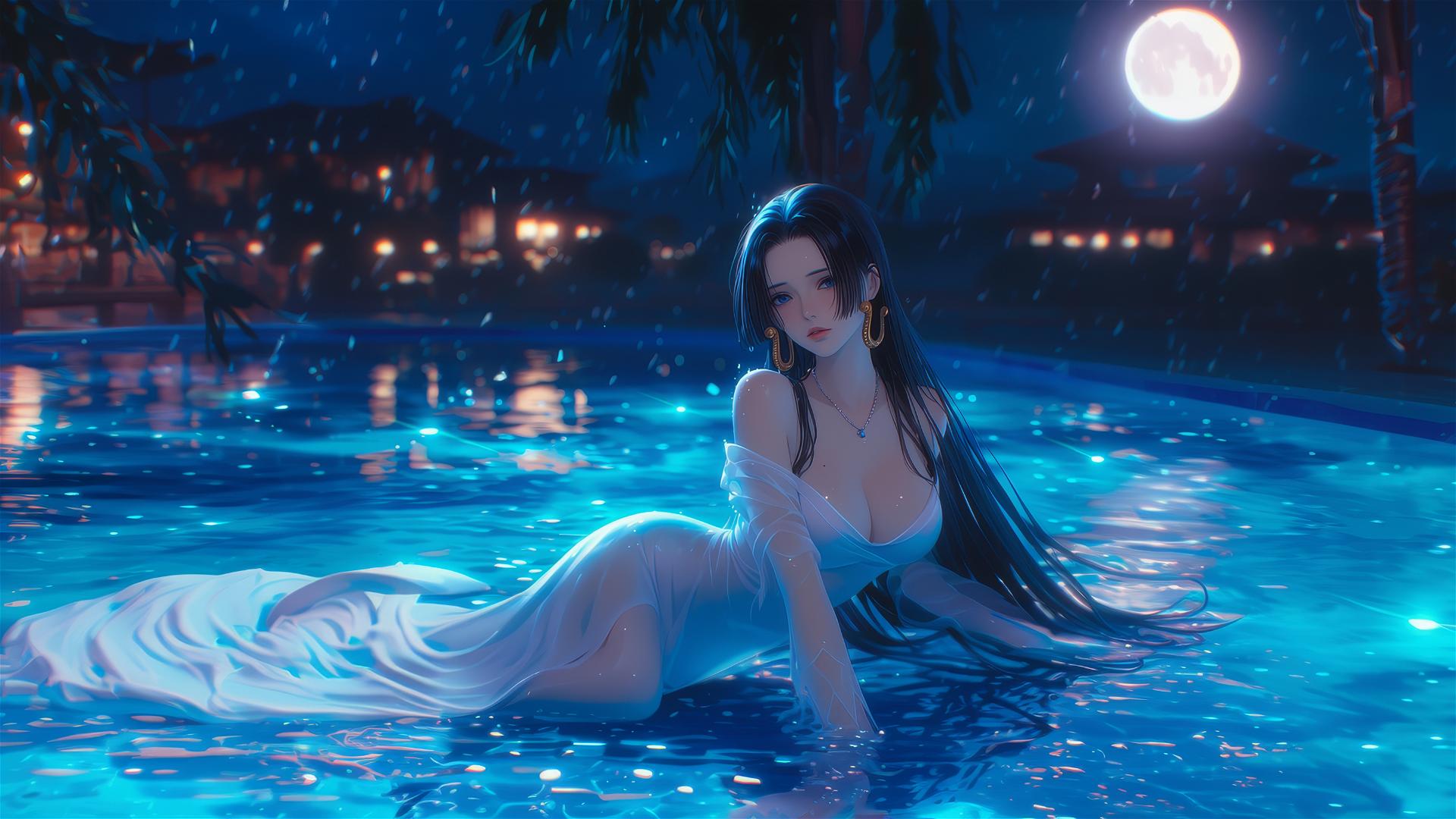 Boa Hancock resting by a rainy swimming pool under moonlight, dressed in white