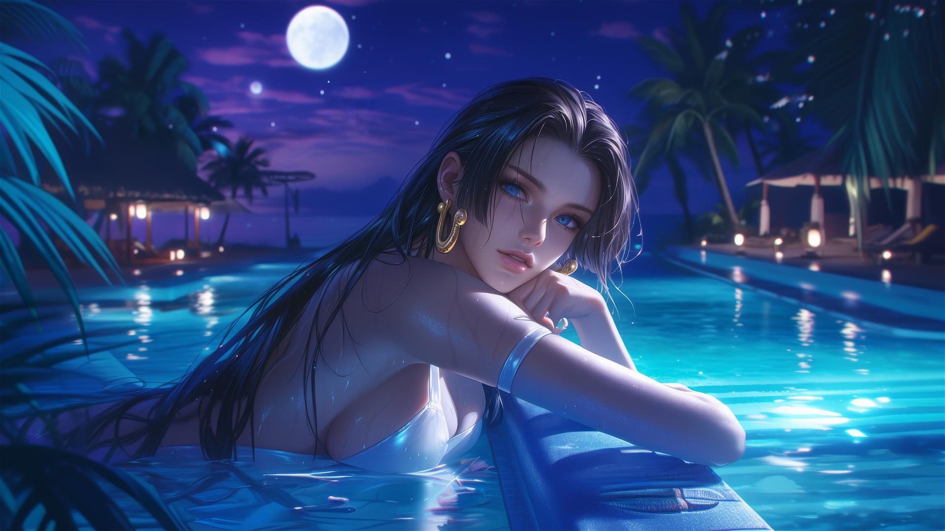 Boa Hancock resting by the pool under moonlight