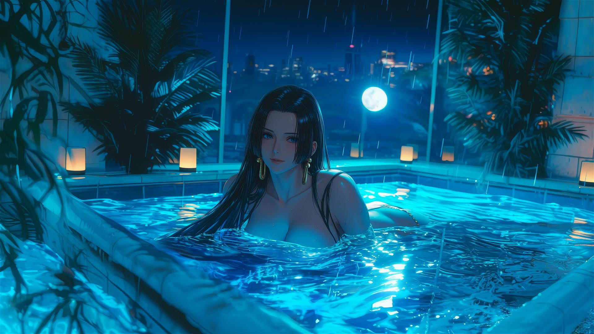 Boa Hancock from One Piece resting in a tub under moonlight