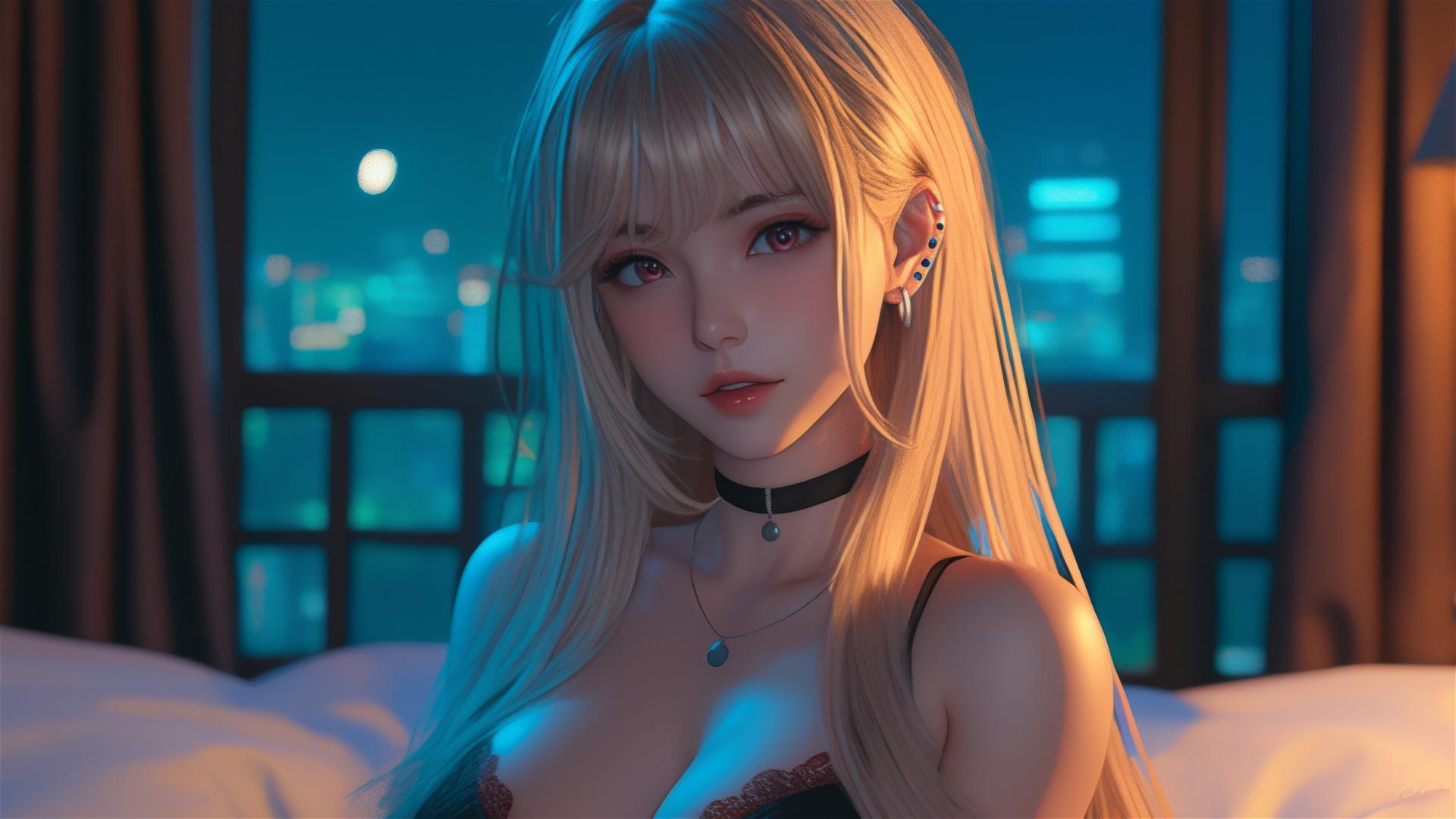 Marin Kitagawa from Kurikami City sitting on a hotel bed under moonlight.