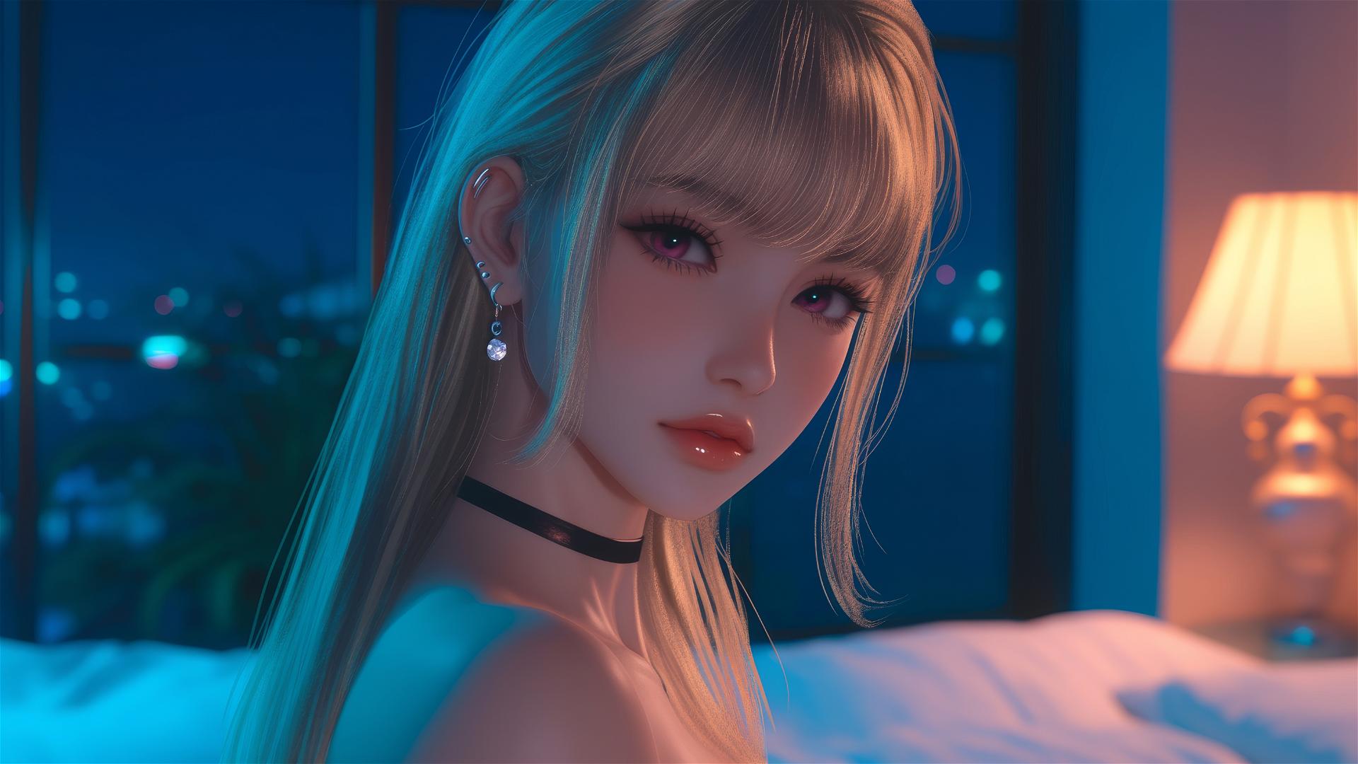 Marin Kitagawa sitting on hotel bed with moonlight.