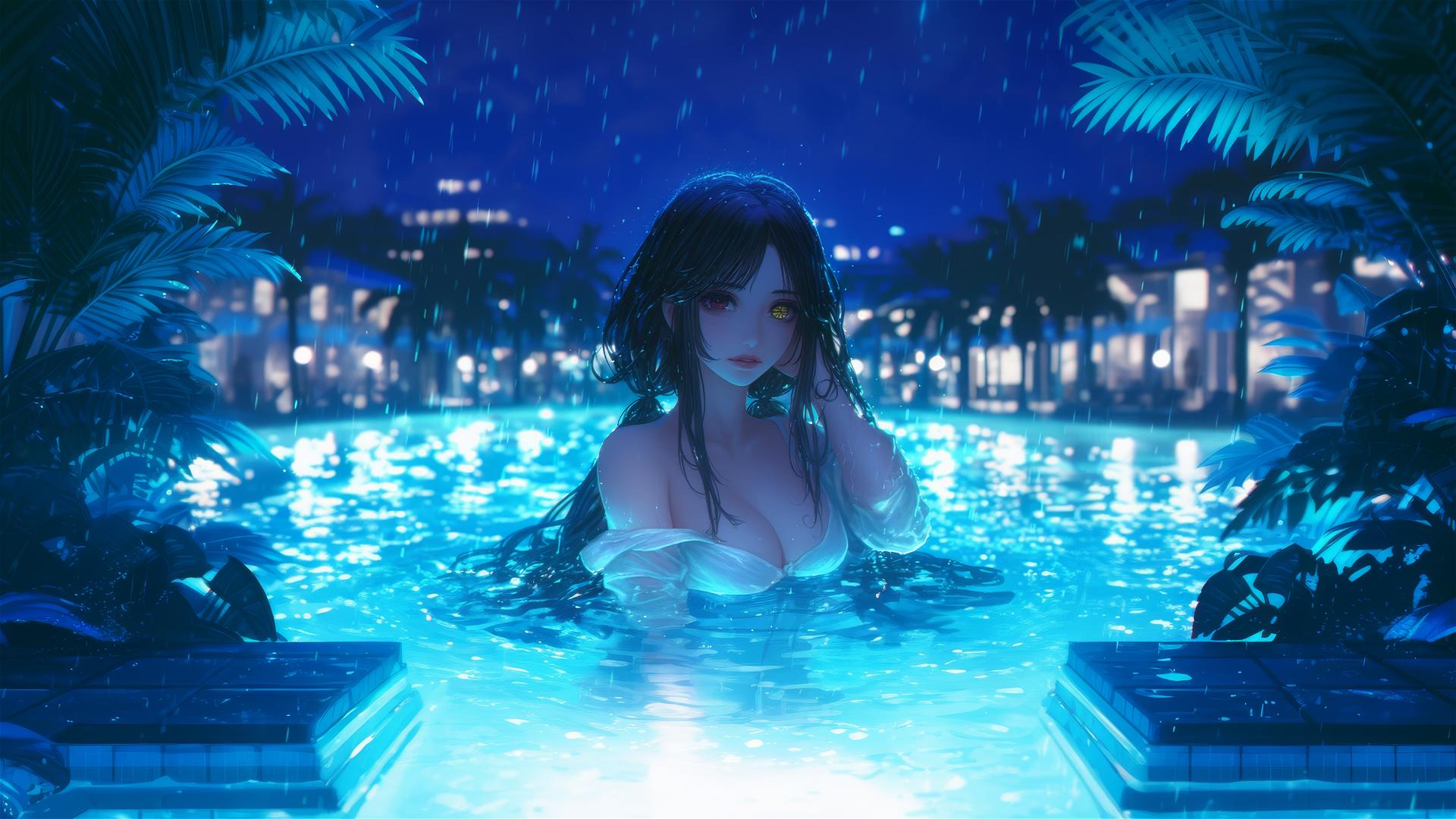 Kurumi Tokisaki with red and yellow eyes standing in a rainy swimming pool lit by moonlight.