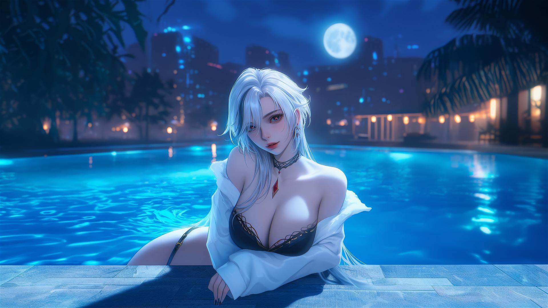 Arlecchino from Genshin Impact with snow white hair and black streaks, resting by a moonlit swimming pool