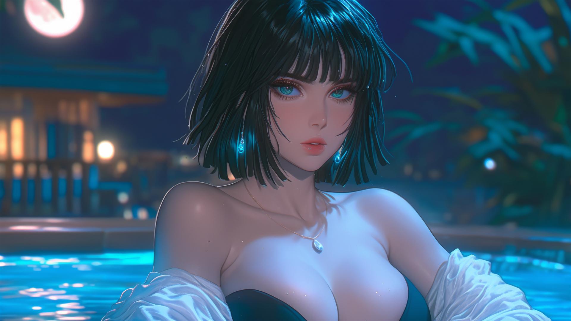 Fubuki from One Punch Man resting in a tub with moonlight glow.