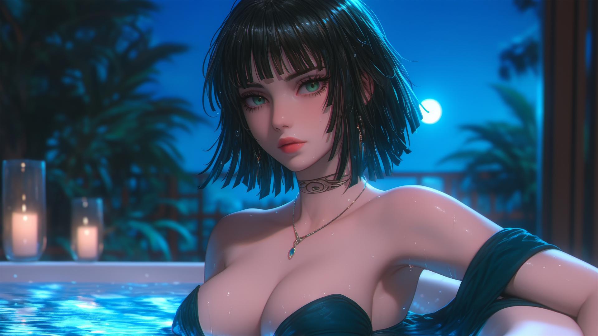 Fubuki rests in tub with moonlight on her, dark green bobbed hair