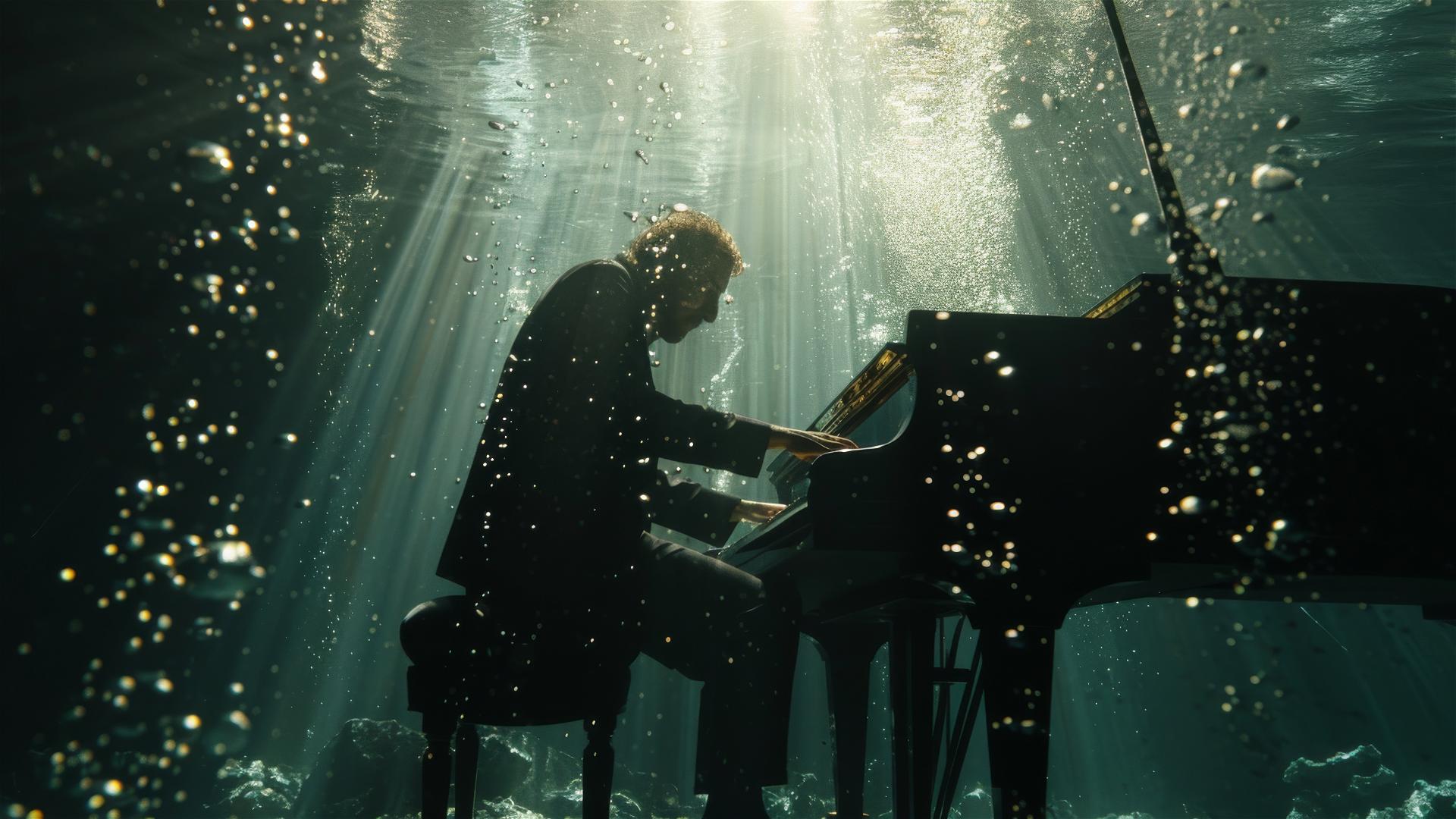 Thom Yorke playing piano underwater with refracted lights