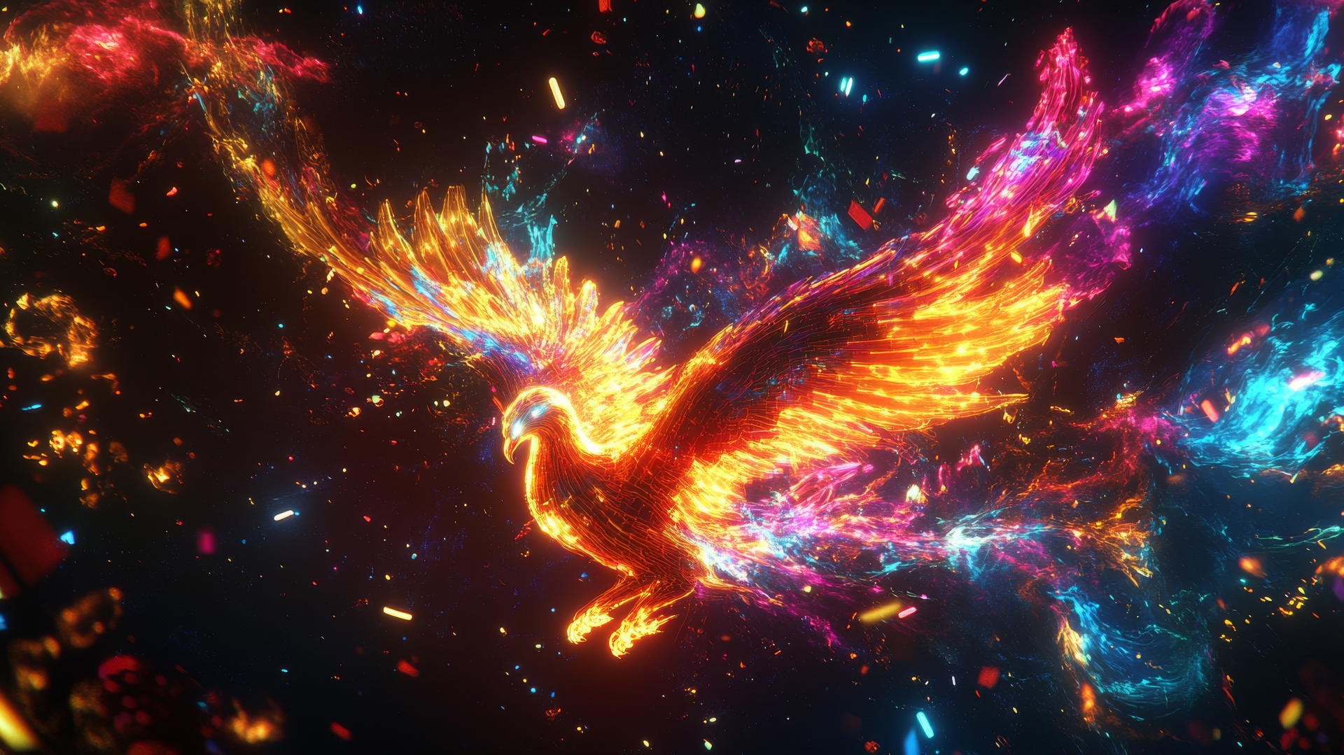 Cyber Y2K wallpaper with a digital neon phoenix and pixelated ashes on a black backdrop