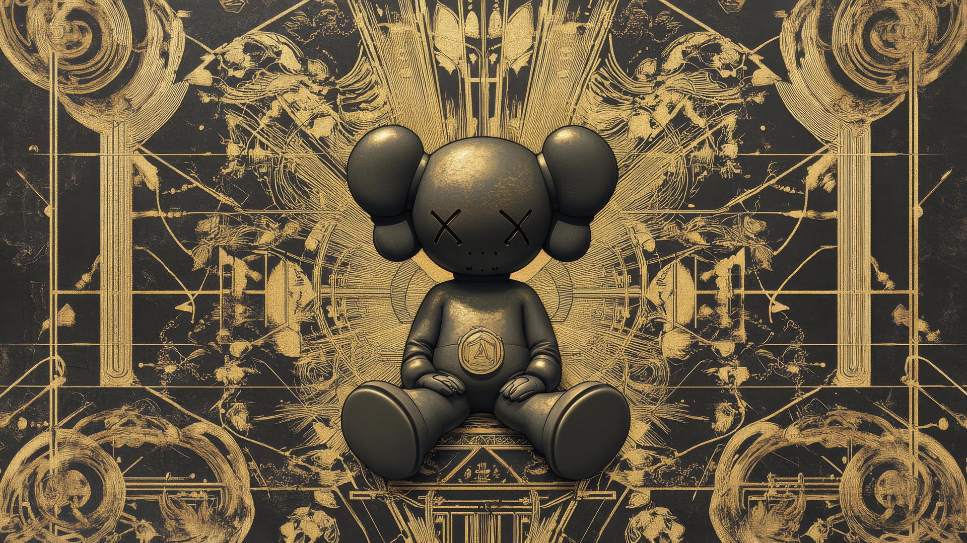 Kaws artwork in 1920s art deco design with geometric shapes and gold accents