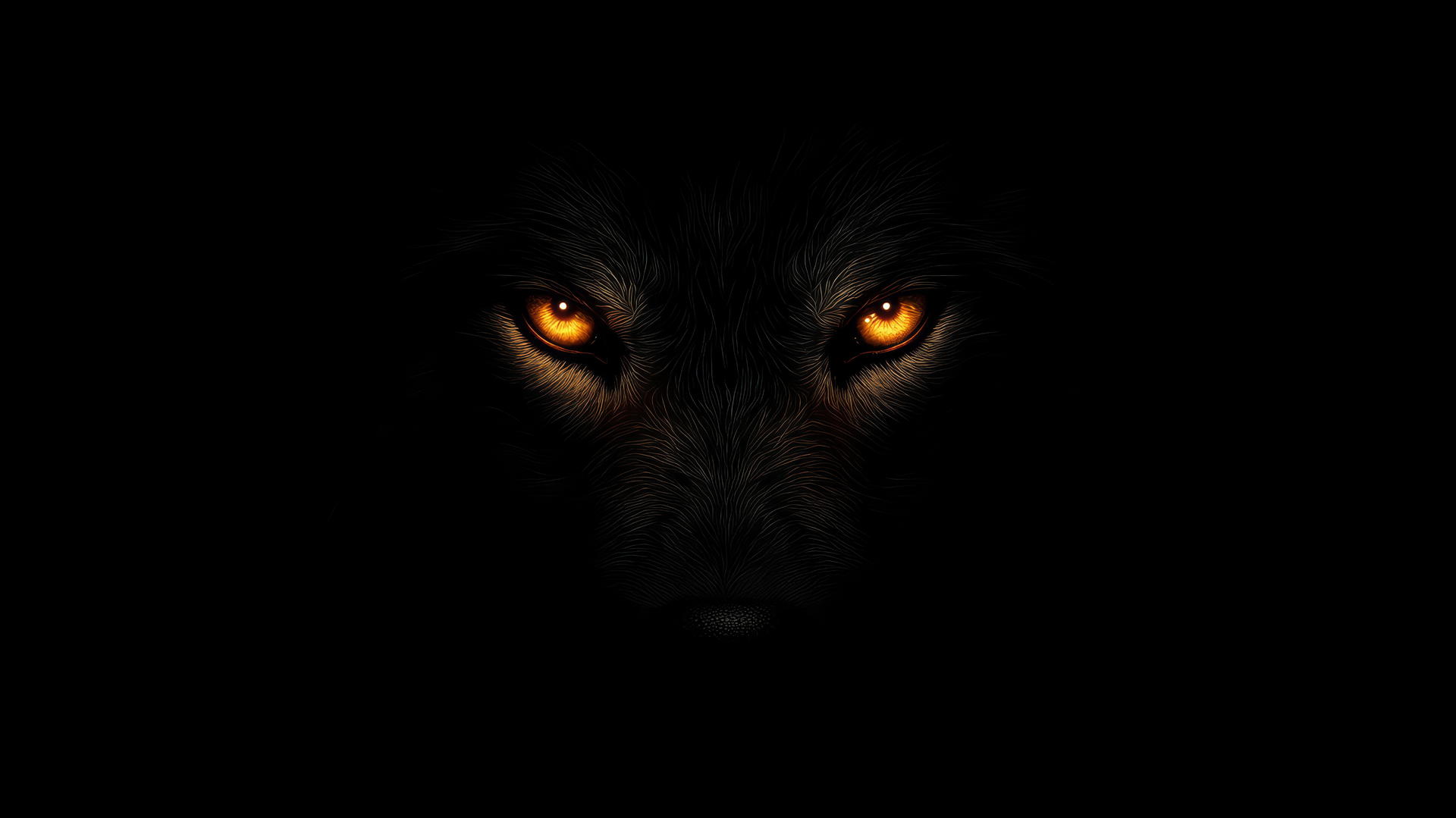 Wolf's glowing eyes peering through darkness, with subtle fur highlights on black background.