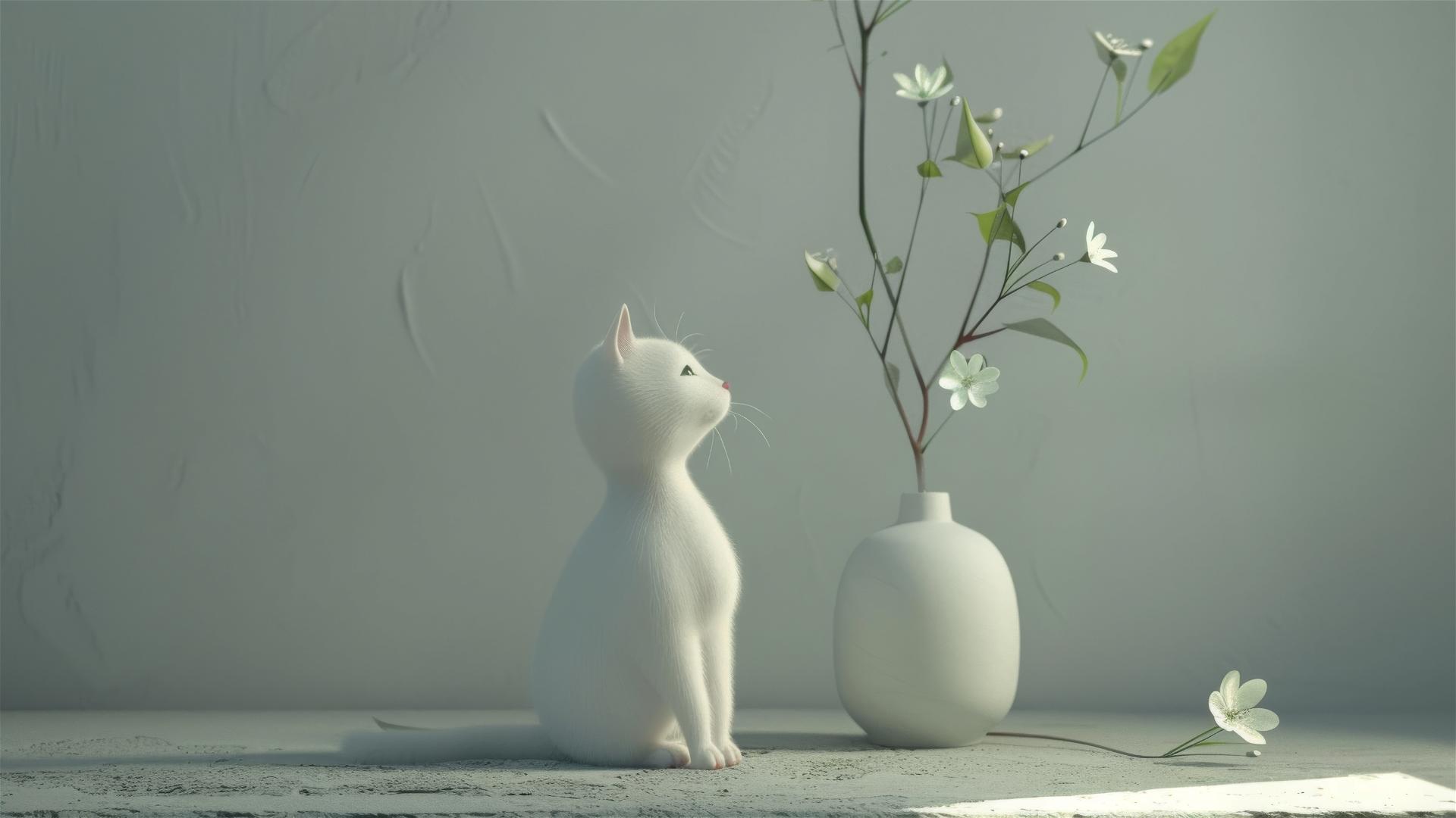 White cat with flower in minimalist Takeshi Kitano style, humorous.