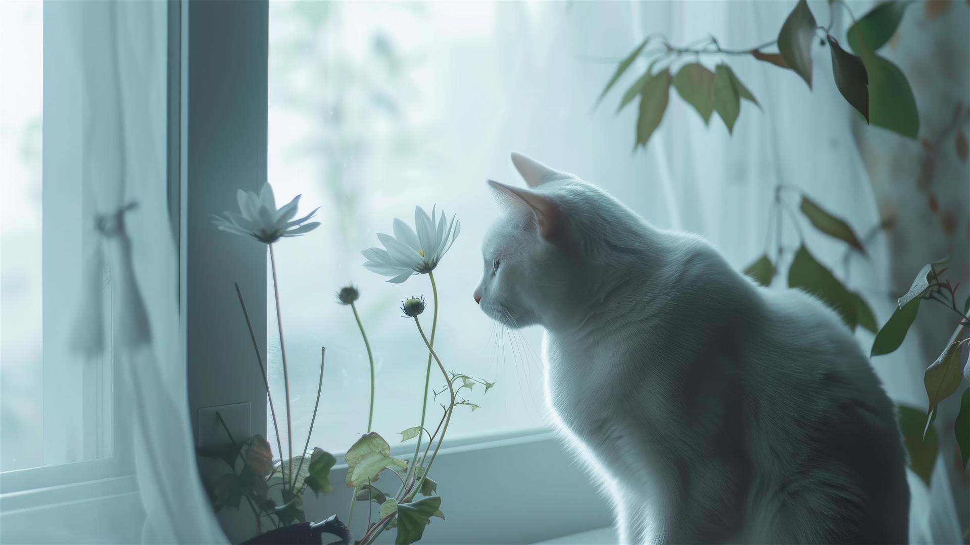 White cat with flower in minimalist Takeshi Kitano style