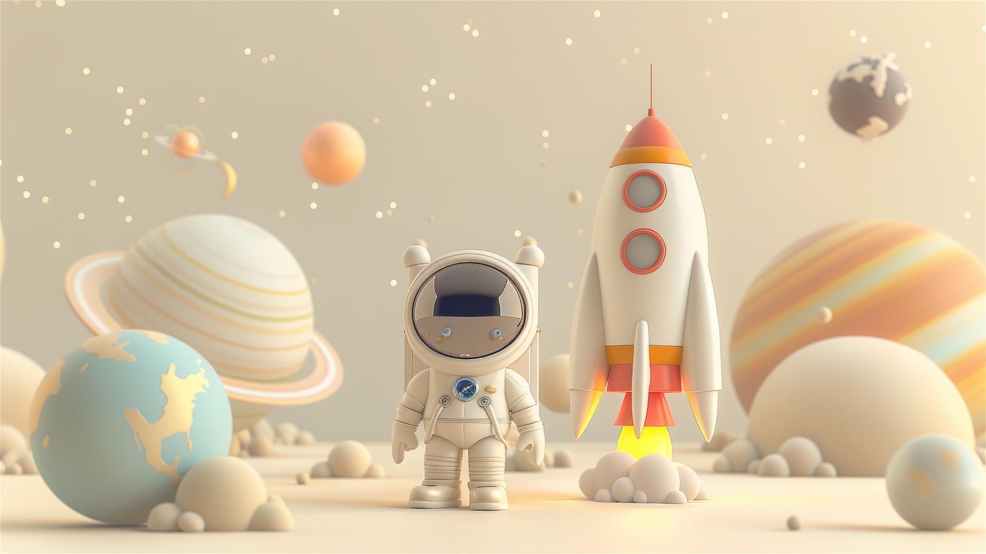 Cartoon astronaut by rocket with planets, in soft light