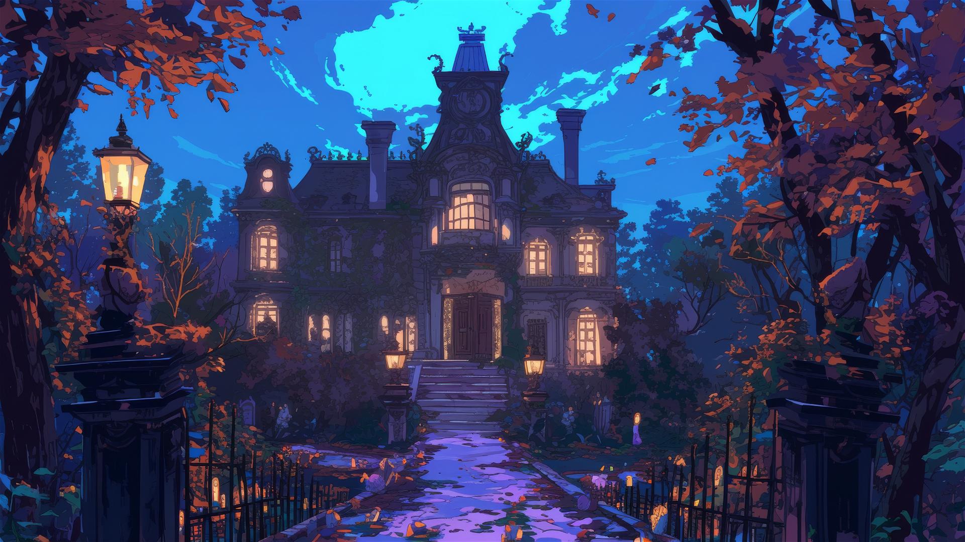 Anime-style Ghibli mansion with cursed artifacts and ghosts.