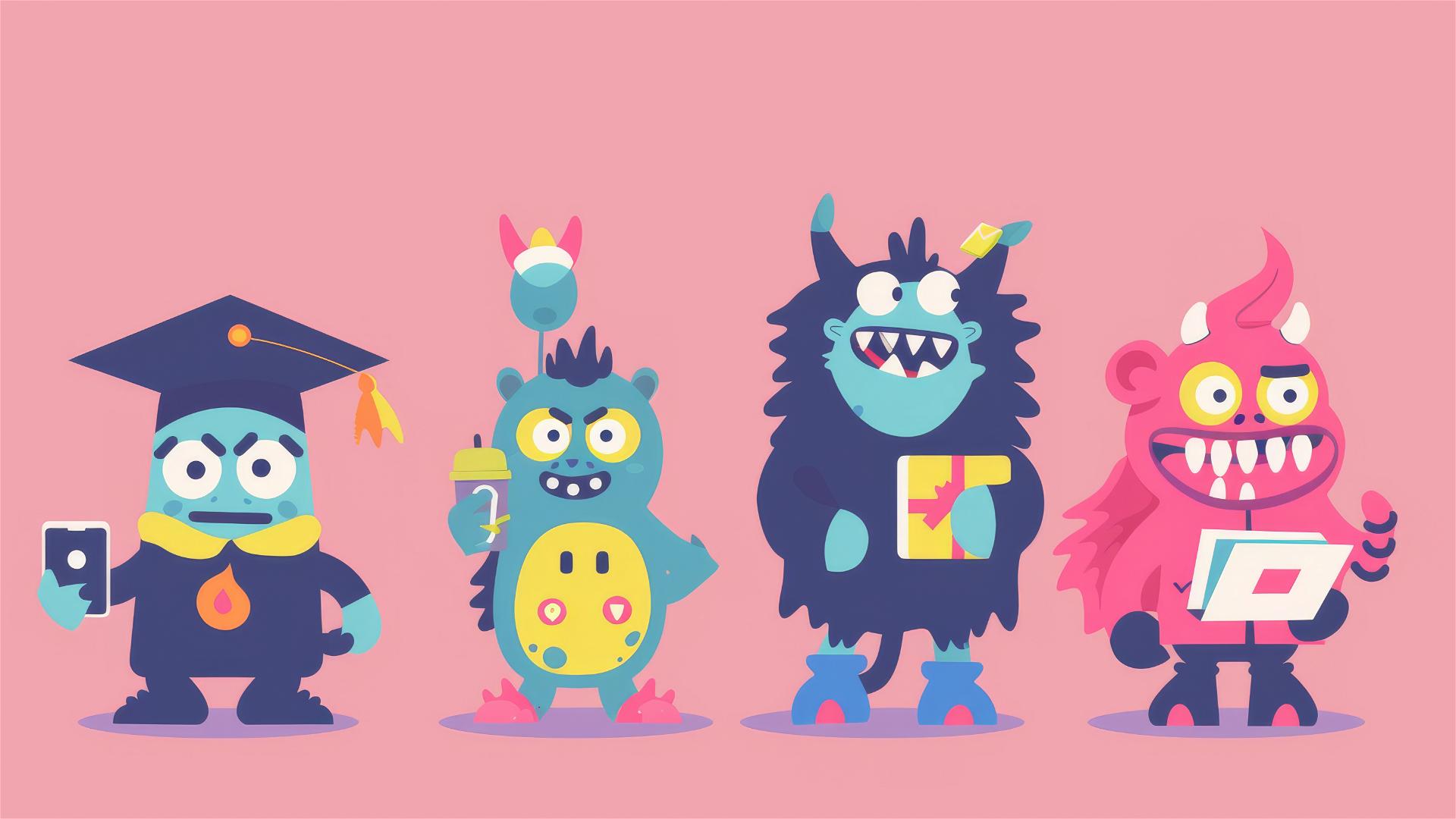 Cute monsters in graduation and study poses, vector illustration on pink