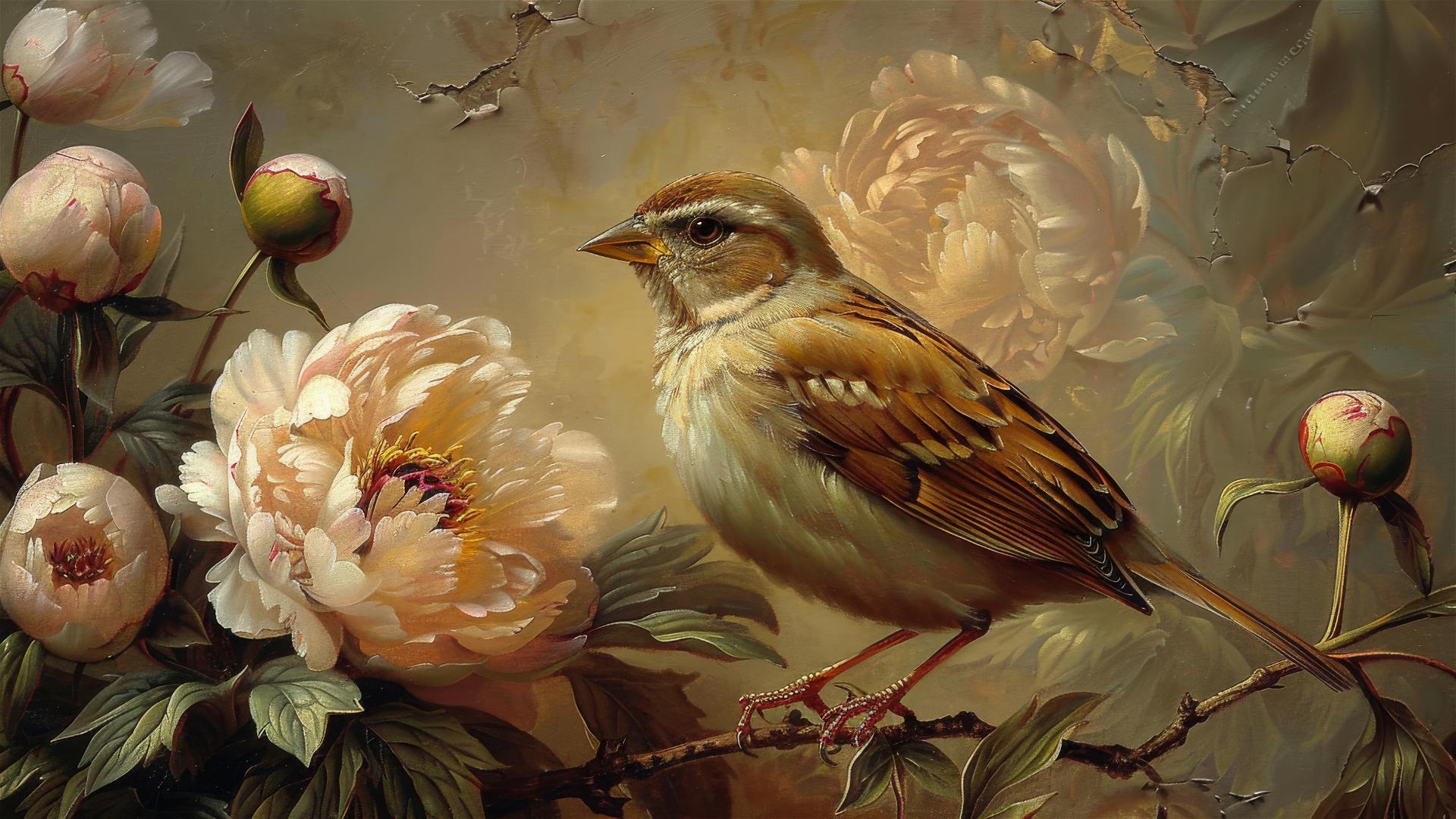 Vintage bird with peonies painting in Jean-Baptiste Monge style
