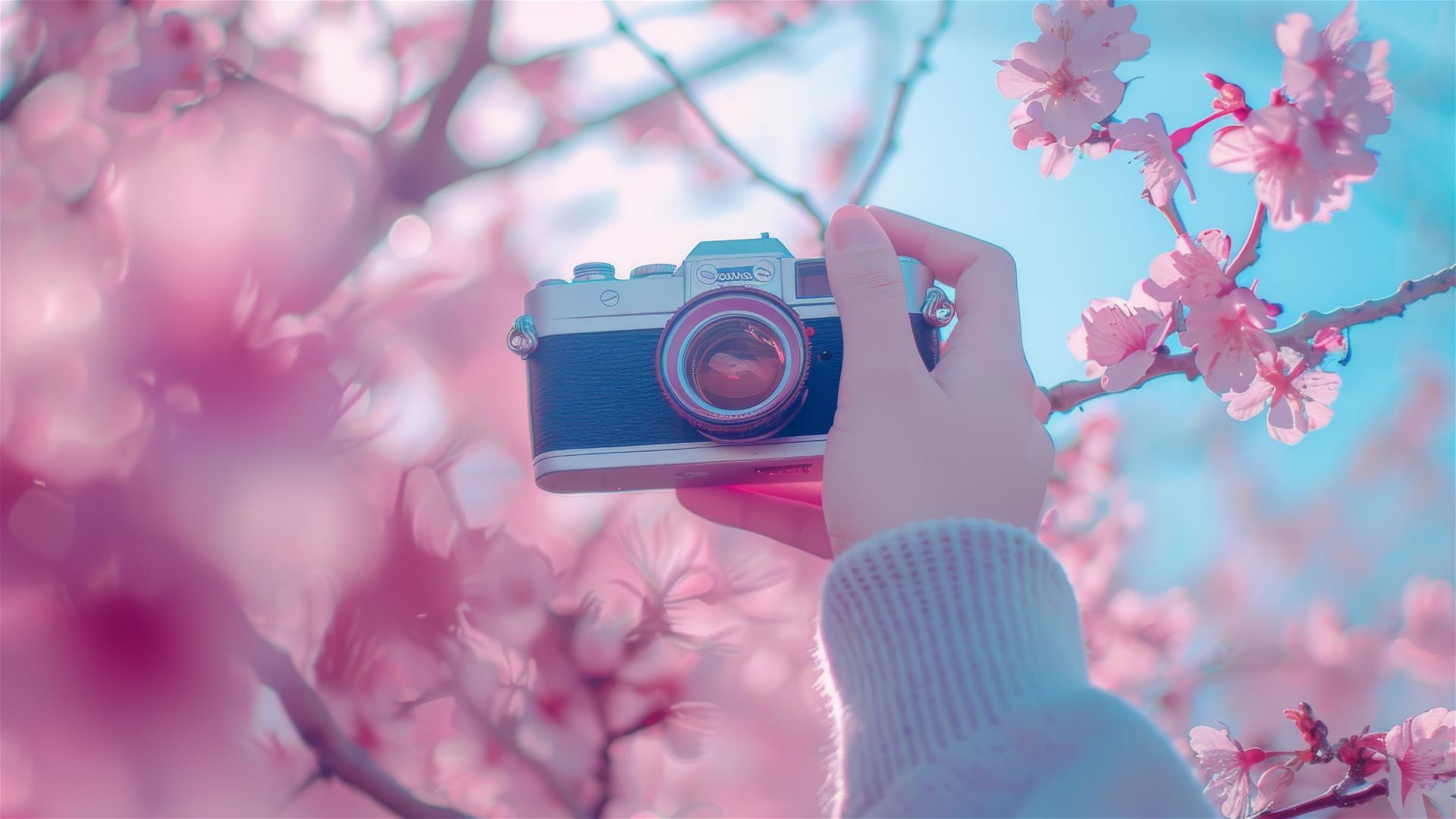 Close-up of pink blossoms and a retro camera in minimalistic Japanese style