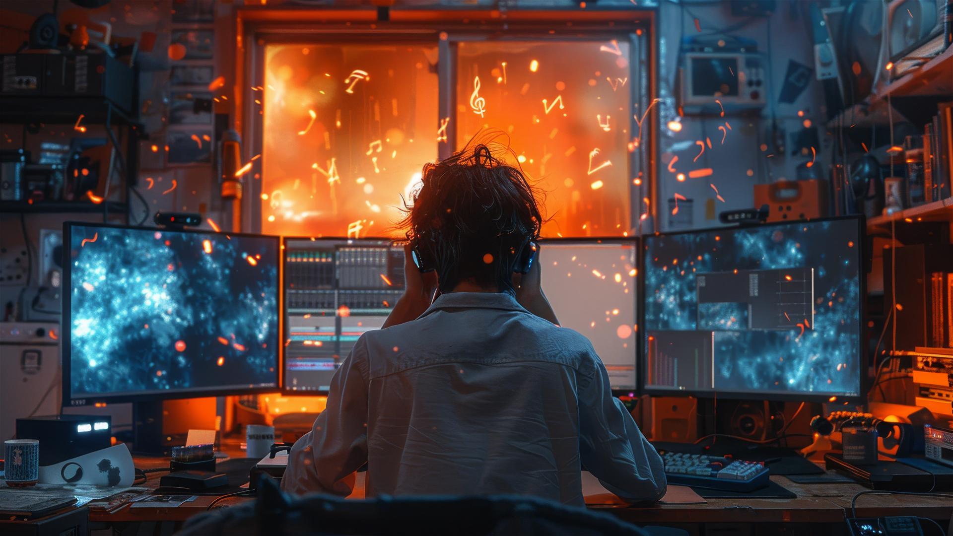 Man in his 30s feeling restless while editing with three monitors, floating notes, and blue tones.