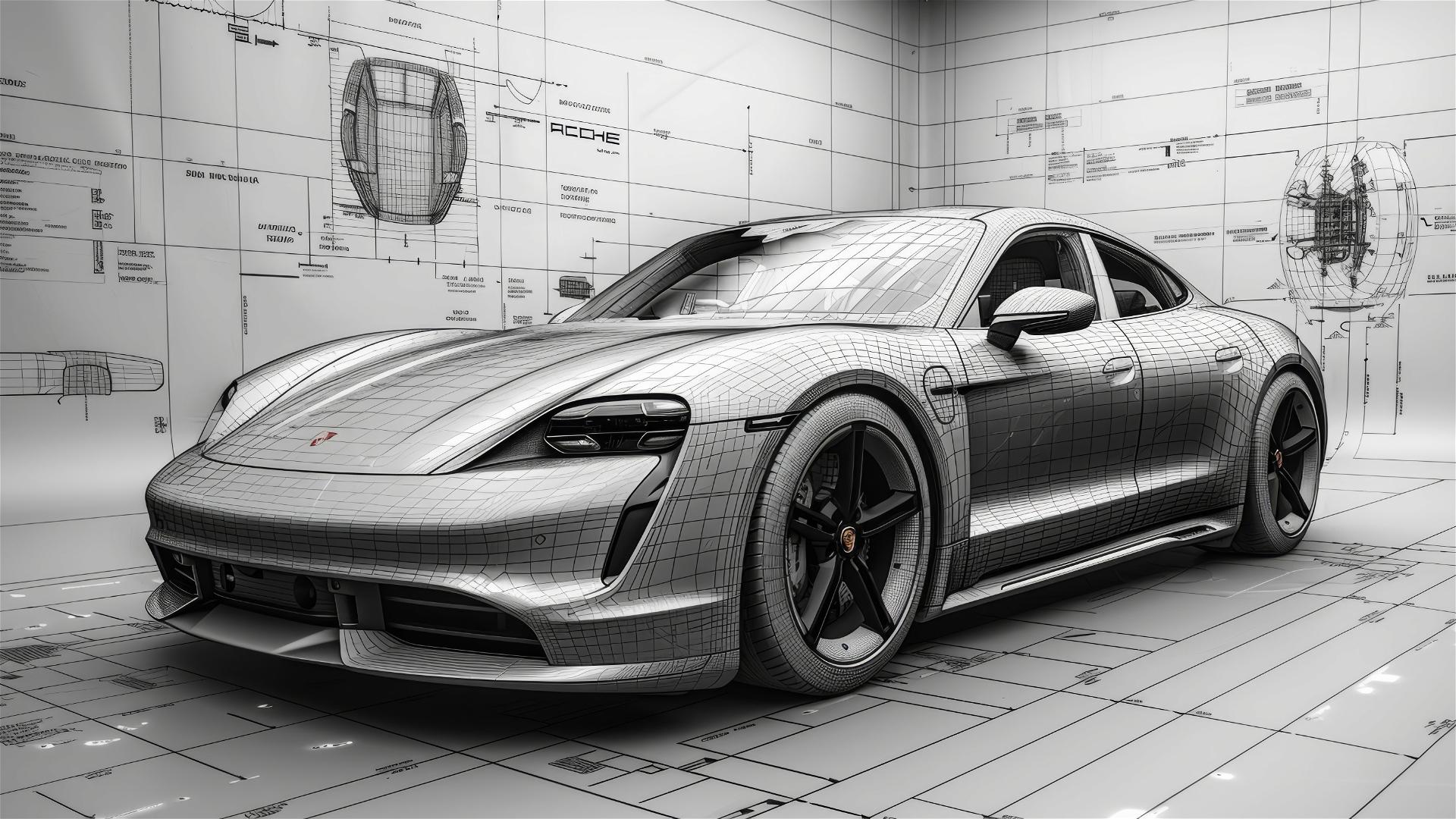 Black and white Porsche Taycan blueprint and sketch.