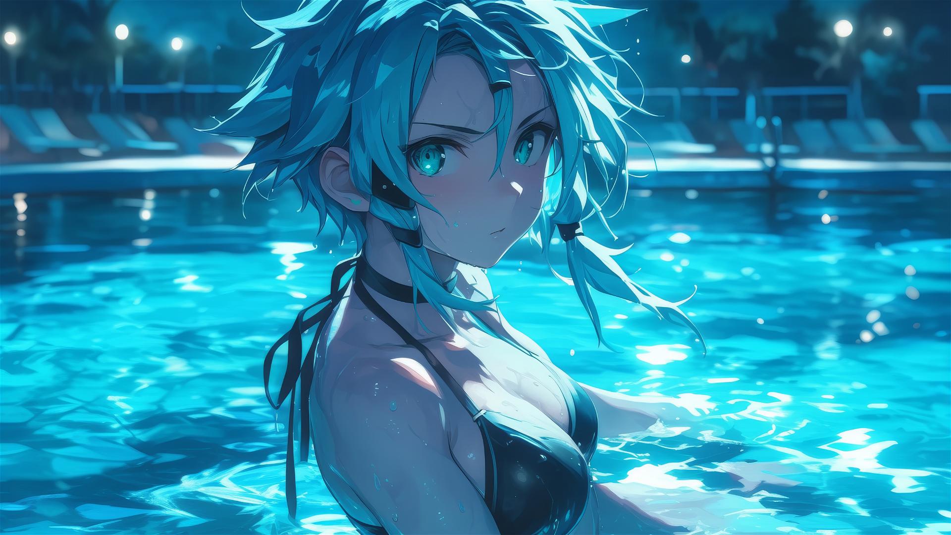 Sinon Sword Art Online in pool under moonlight, green eyes