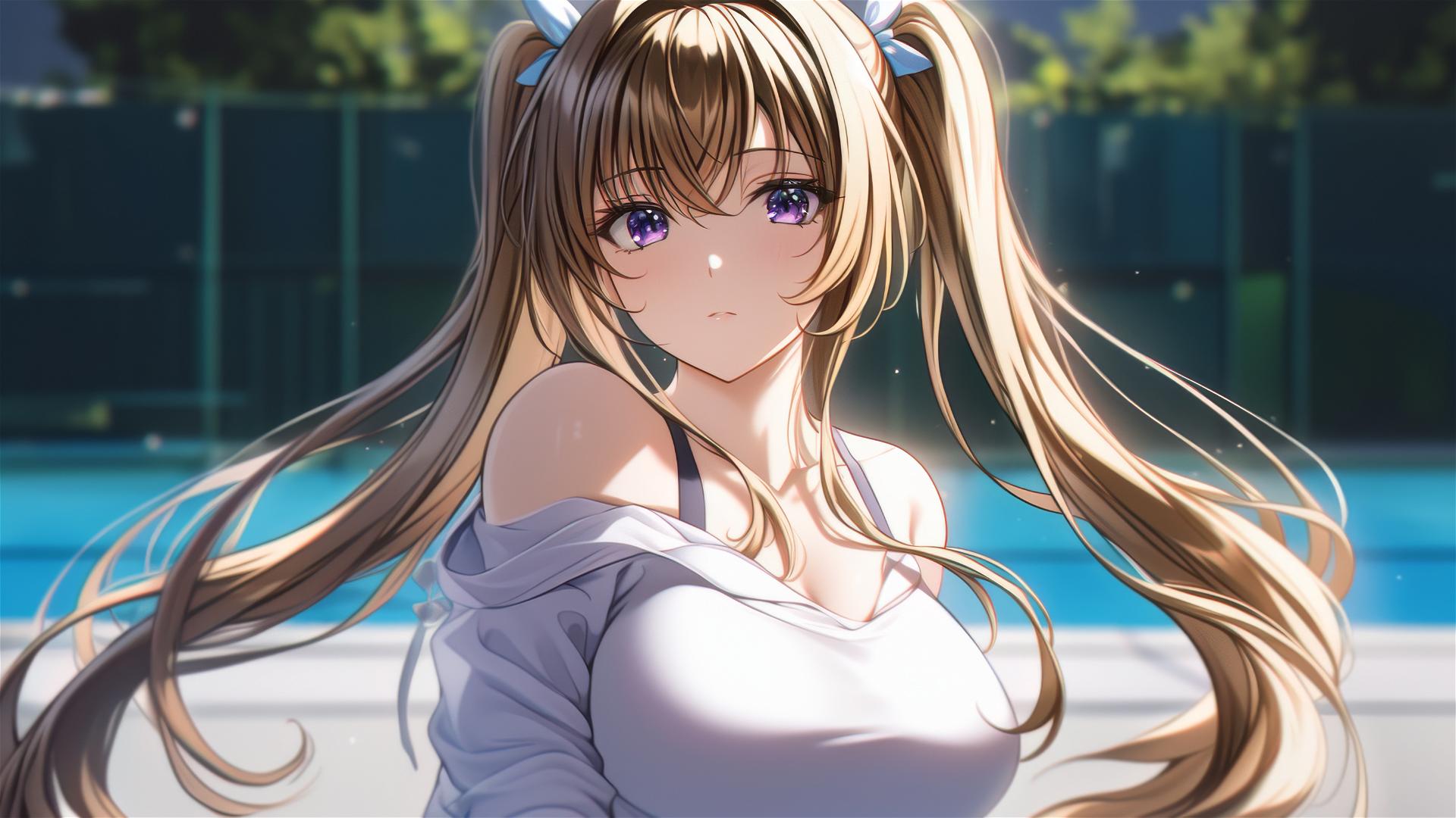 Irina Shidou from High School DxD resting by pool under moonlight with violet eyes and twintails