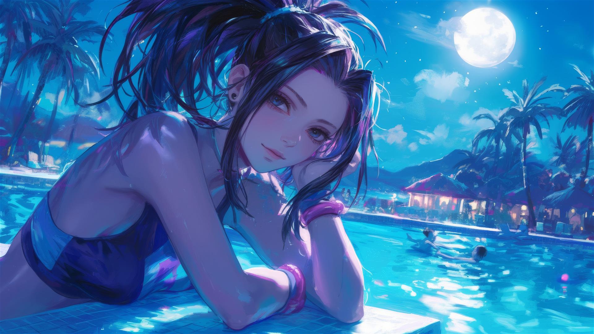 Momo Yaoyorozu from My Hero Academia resting by a pool under moonlight