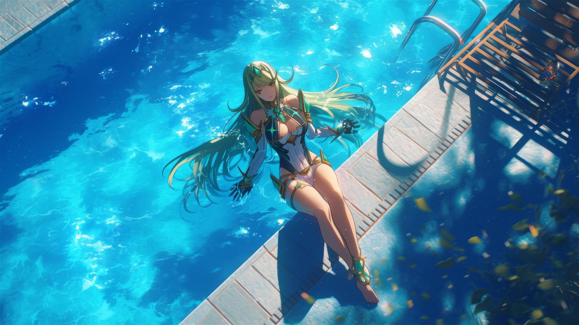 Mythra from Xenoblade by pool in moonlight