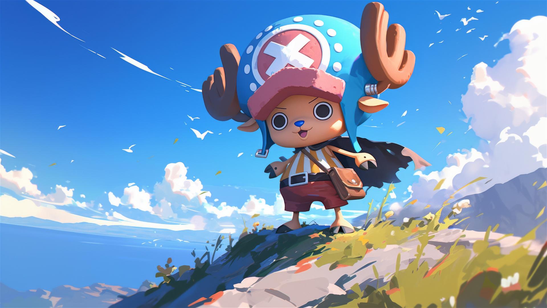 Tony Chopper in a cape atop a hill