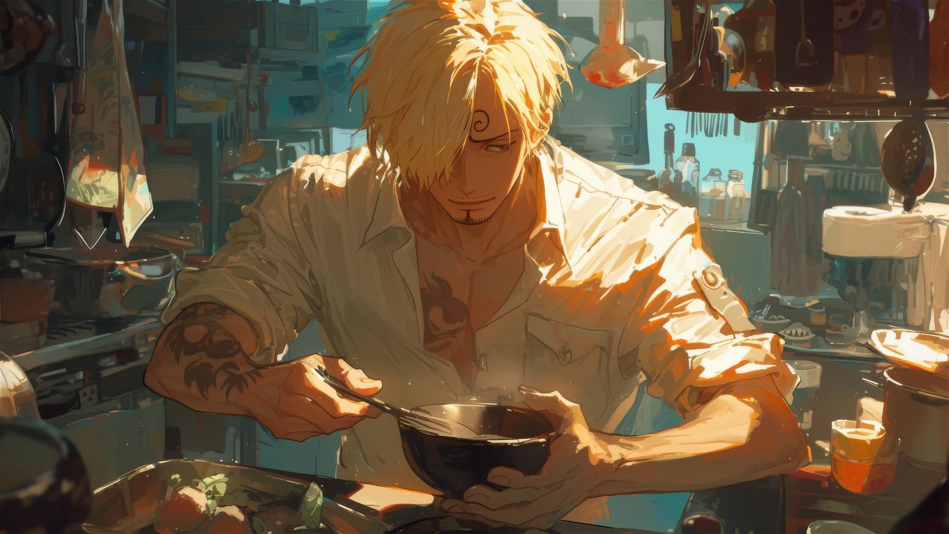Sanji in galley with soft glow while making a midnight snack