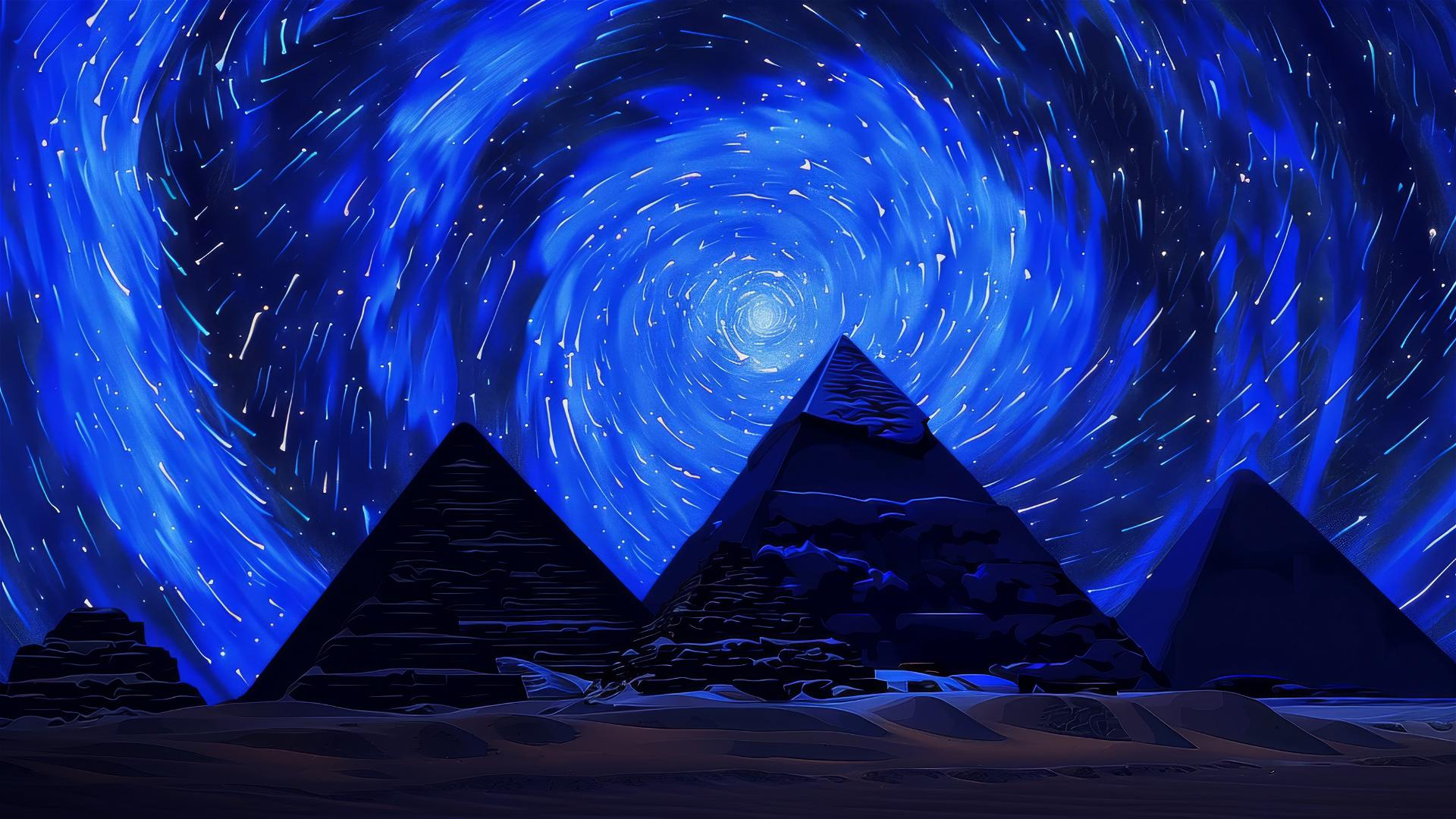Pyramids of Giza at twilight with van Gogh-style starry sky