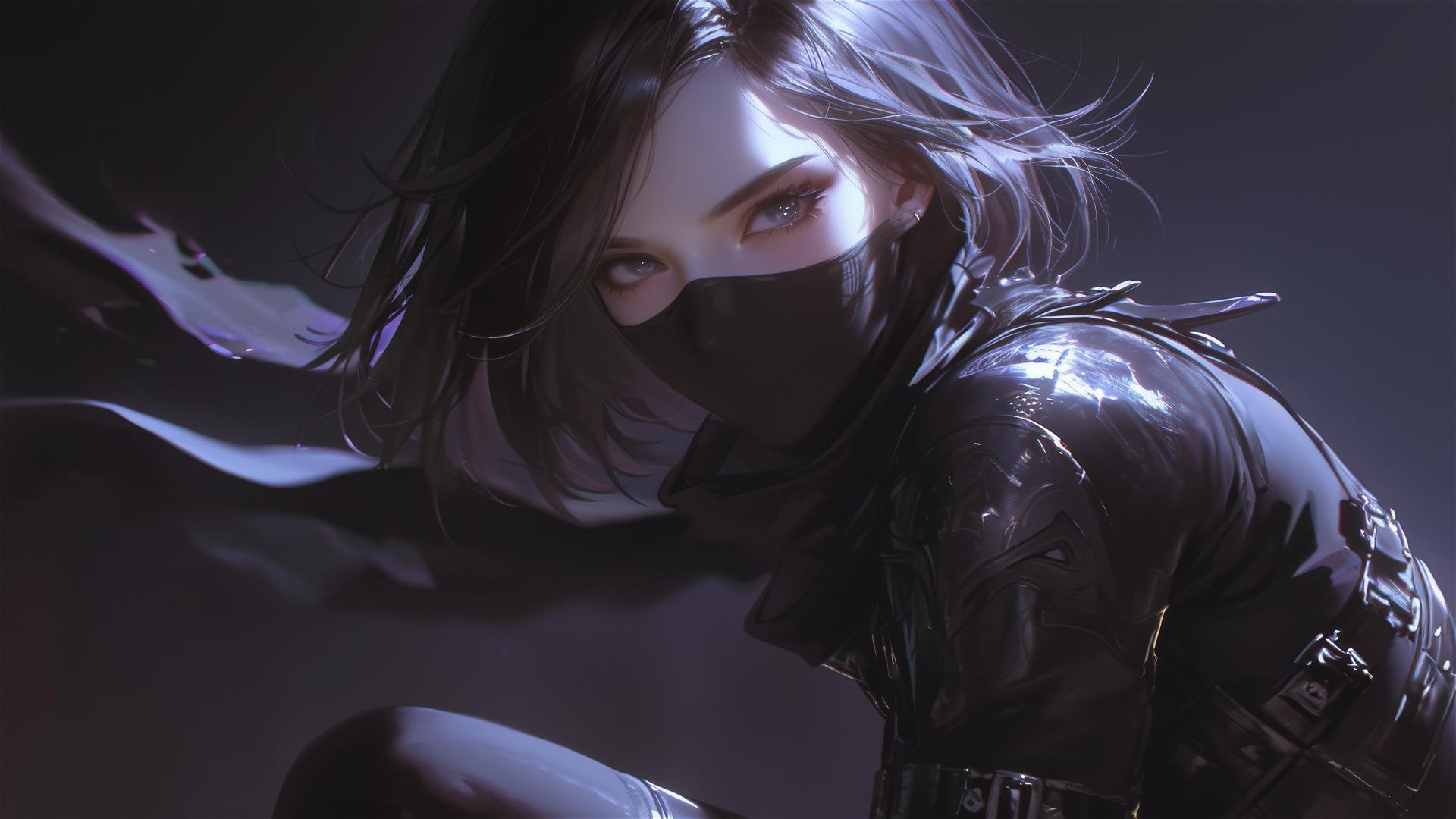 Ninja girl with short hair, masked face, and thigh focus in dynamic pose on dark background with spotlight effect
