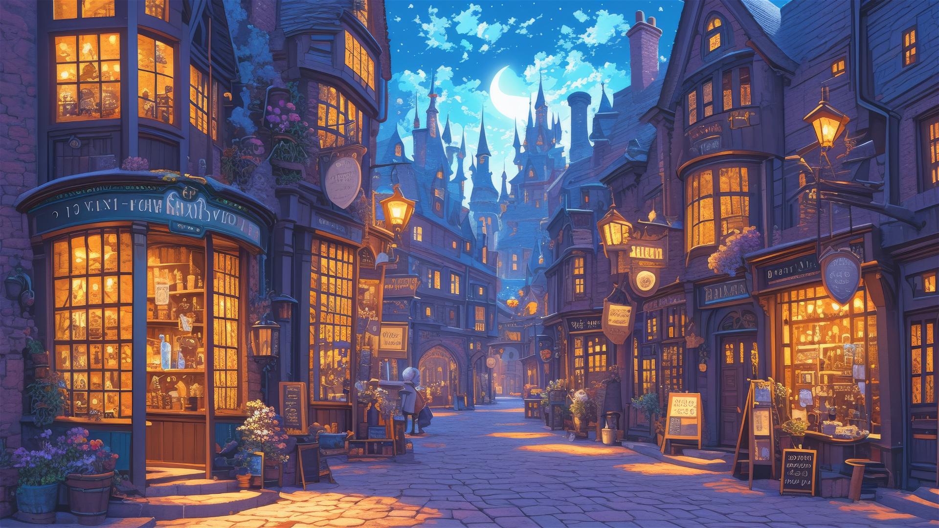Ghibli-inspired illustration of Diagon Alley under a starry night sky