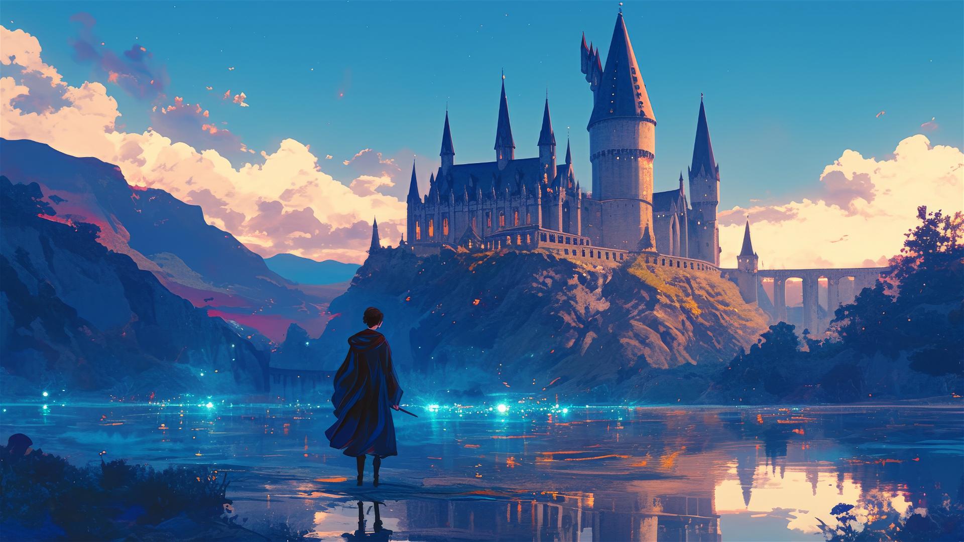 Ghibli-style Hogwarts under starry night sky