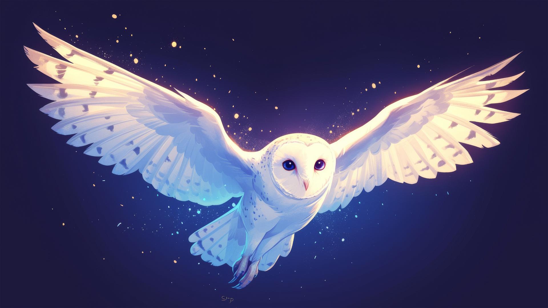 Hedwig the owl illustration on dark background with spotlight