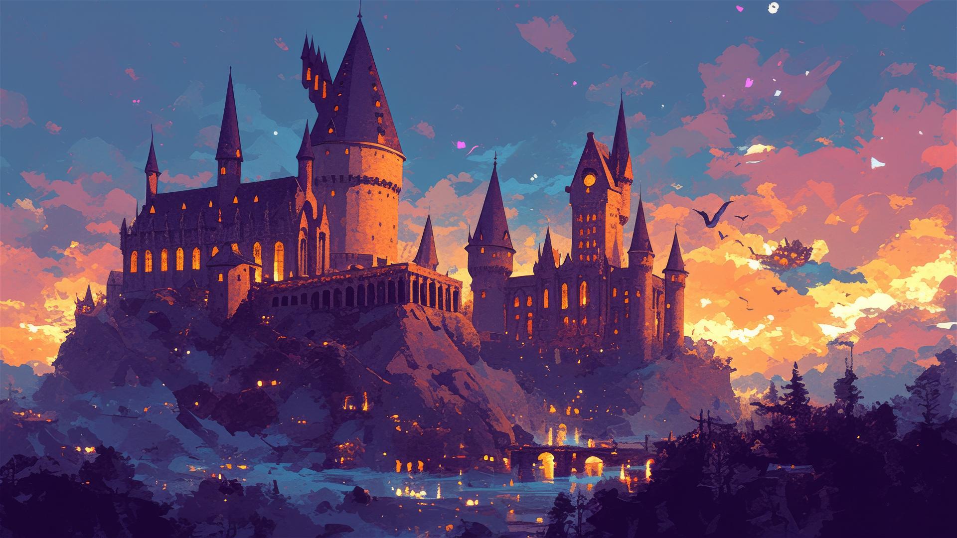 Isolated drawing of Hogwarts with a dark background and spotlight effect