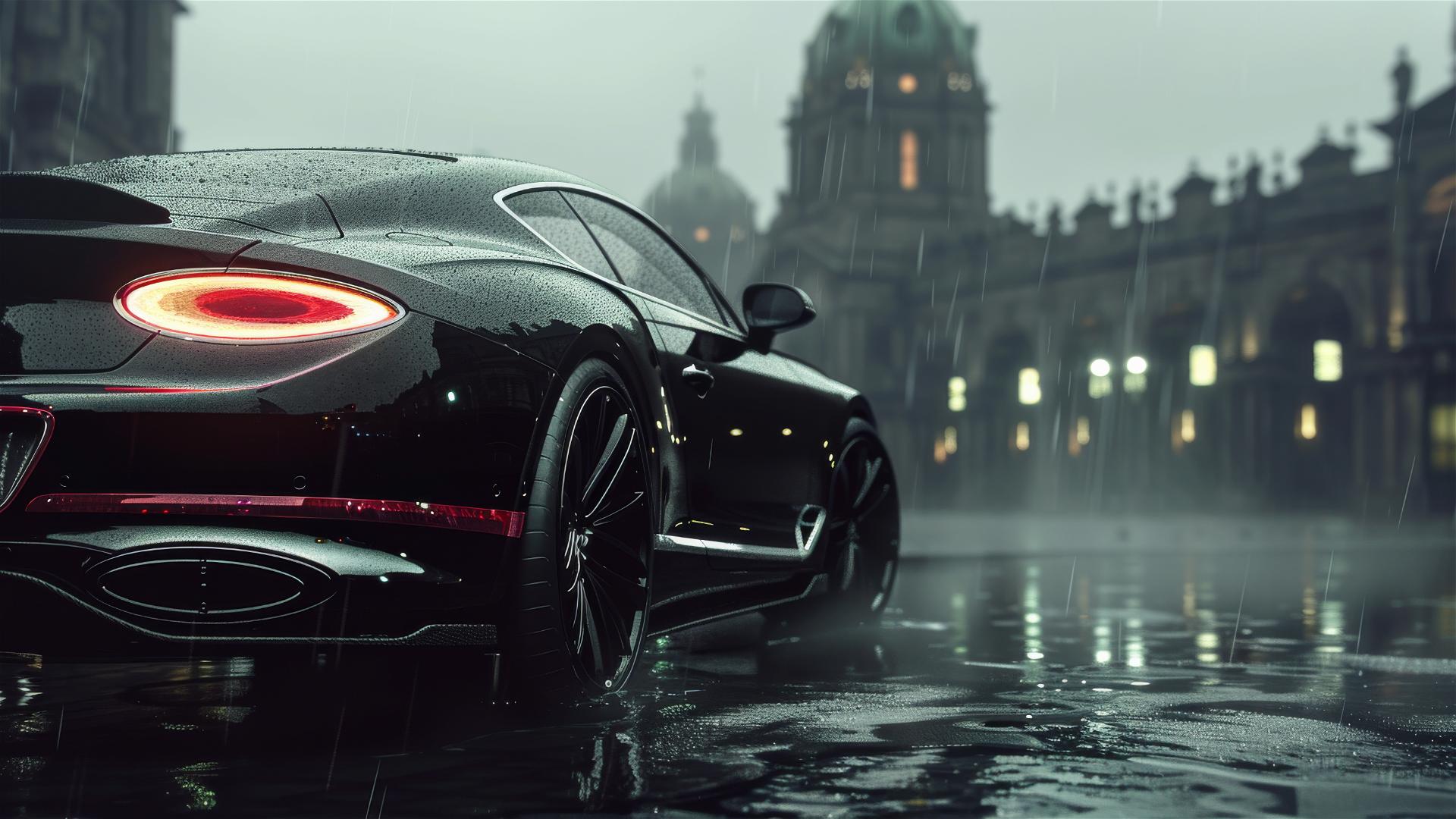 Bentley Continental GT in dim light with a Gothic gloomy atmosphere, close-up photorealistic view in fog