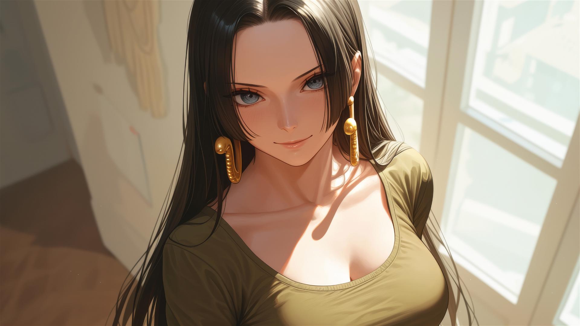 Boa Hancock from One Piece wandering through an art gallery with soft lighting