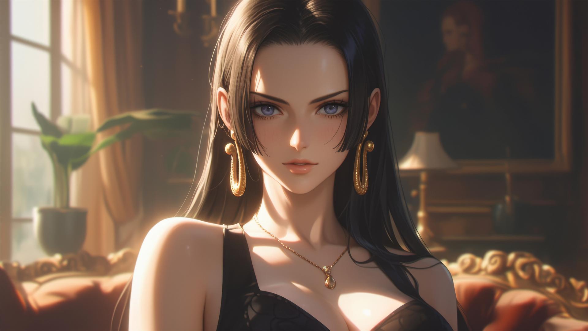 Boa Hancock from One Piece wandering in an art gallery under soft lighting