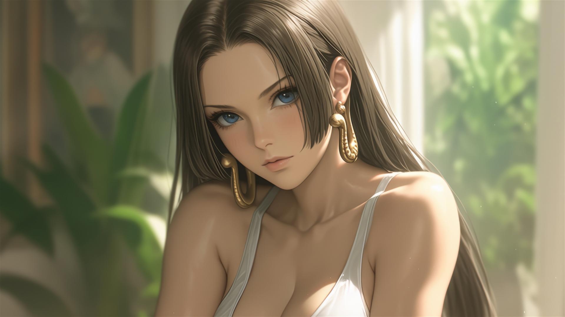 Boa Hancock from One Piece walking in an art gallery under soft lights