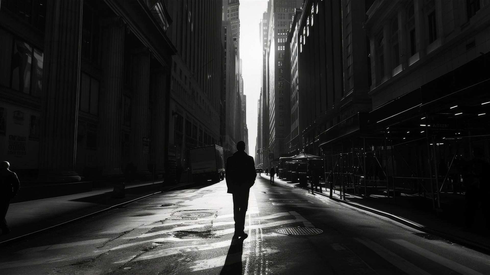 Black and white city street with a lone figure casting a grand shadow that unfolds visions of a global enterprise, amidst dimly lit buildings