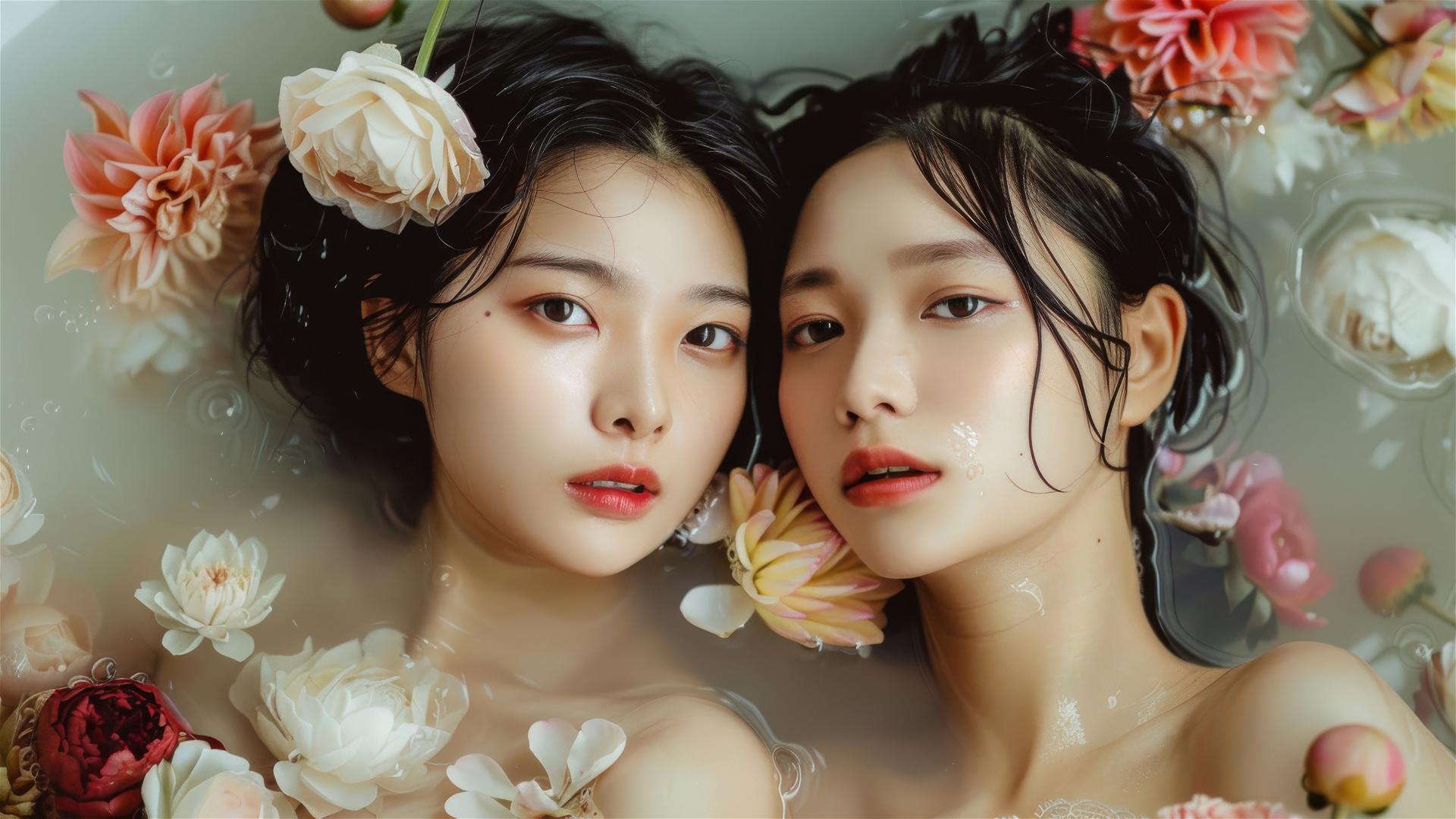 Two 20-year-old Asian women relaxing in a flower-filled tub at a Chinese spa