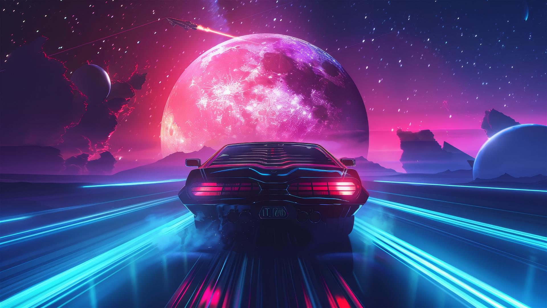 A synthwave car travels on a space highway to the moon