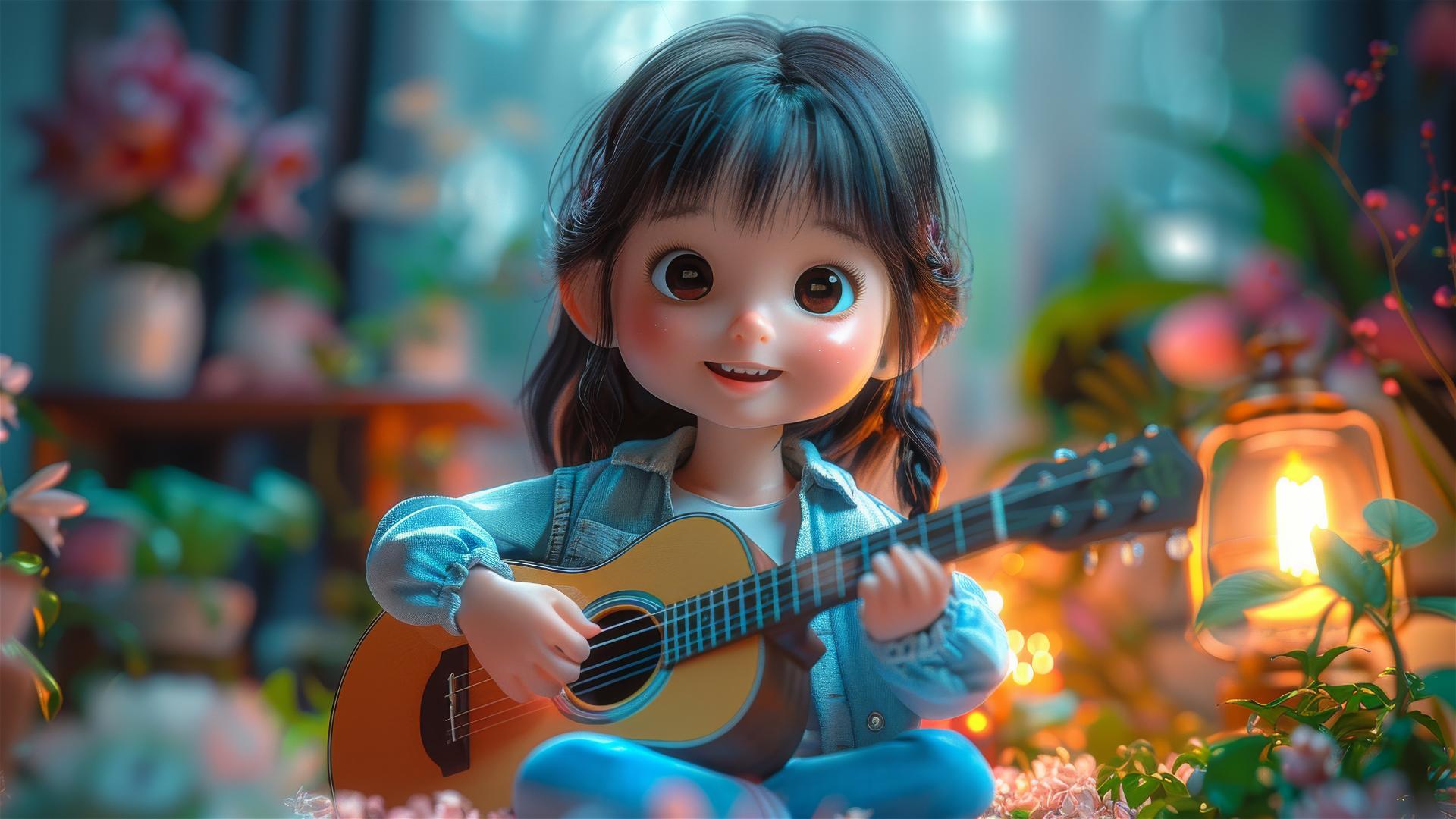 Cartoon girl playing guitar by TV with colorful background