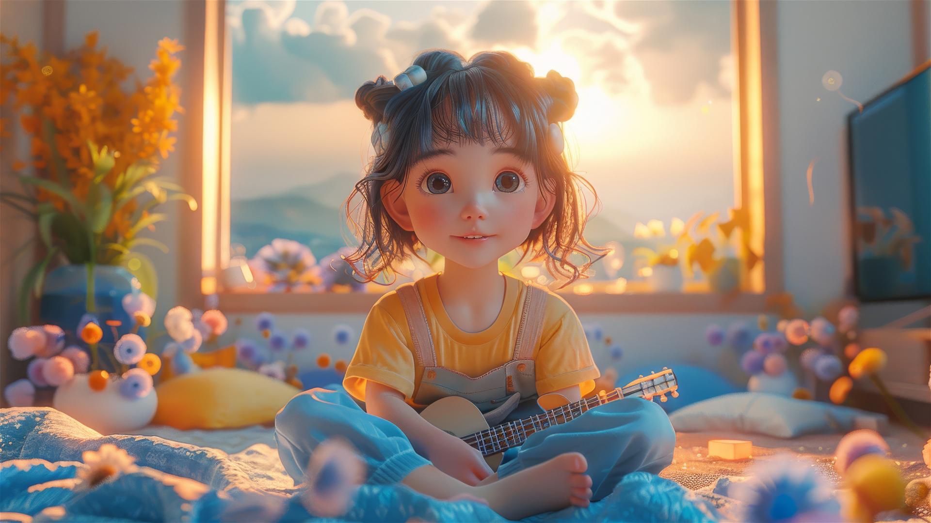 Chubby girl playing guitar in a cartoon style with colorful gradient background