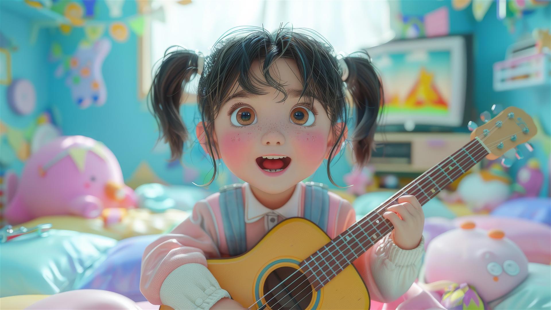 Cute girl playing guitar in front of TV in 3D cartoon style with colorful gradient background.
