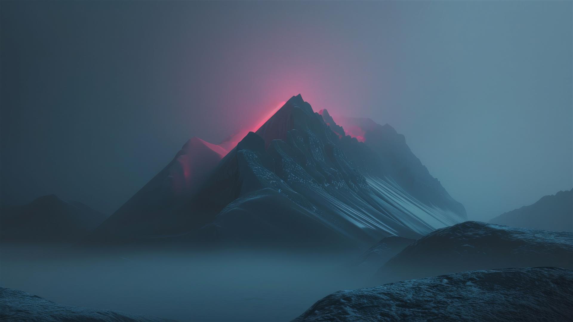 Misty futuristic mountain beacon with volumetric LED light
