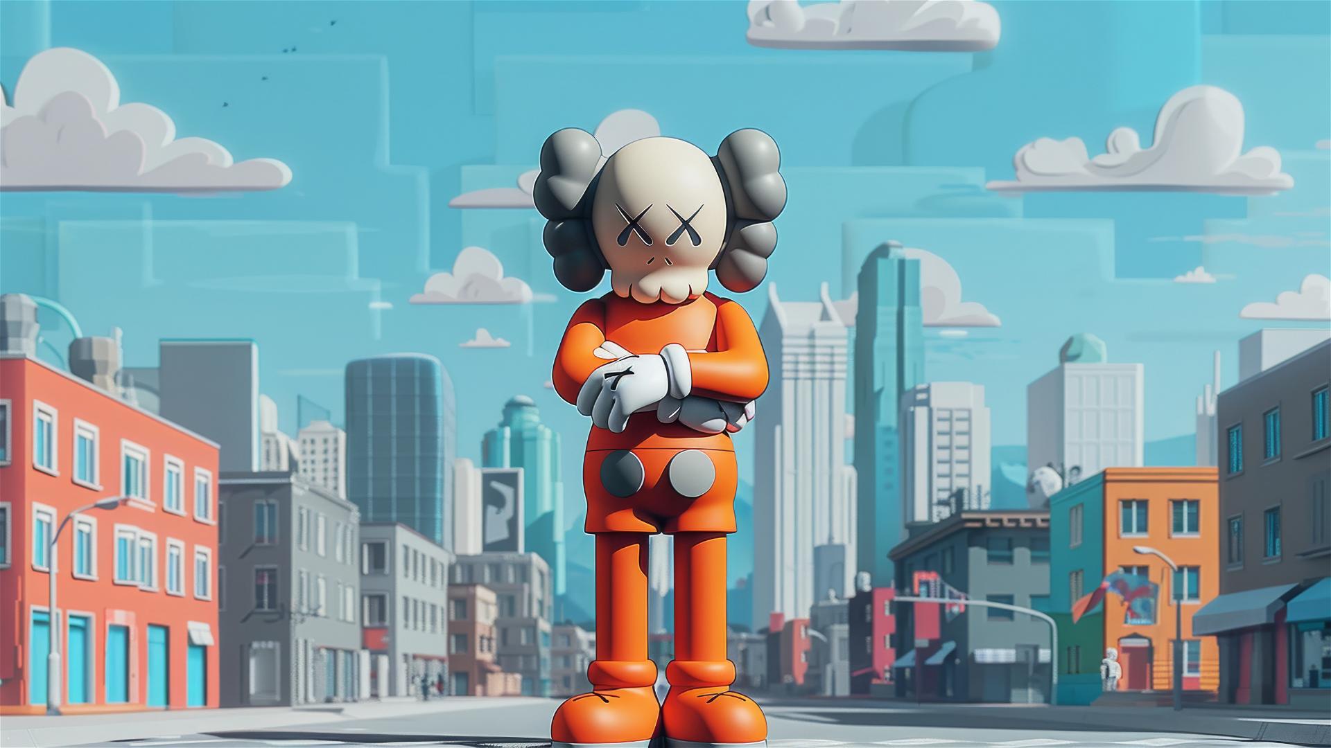 Cartoon 2D art featuring Kaws with arms crossed