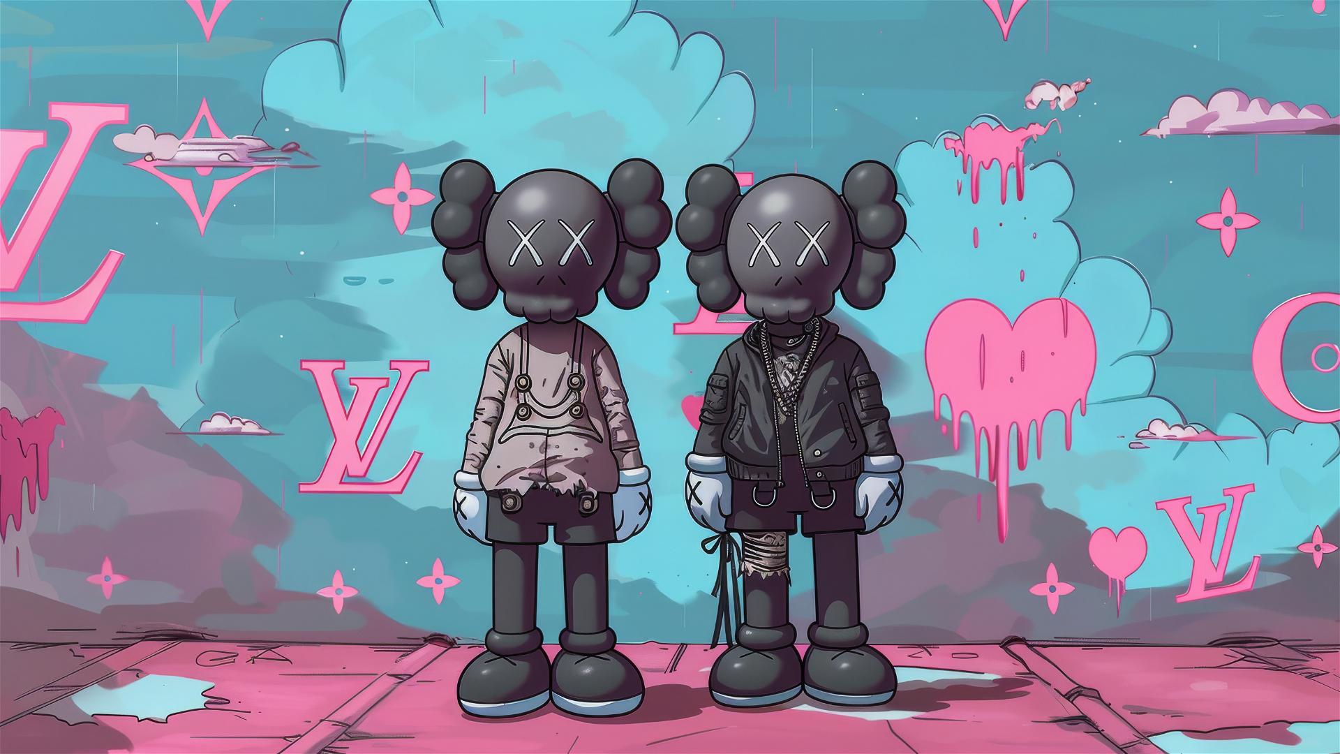 Cartoon 2D art featuring Louis Vuitton companion Kaws
